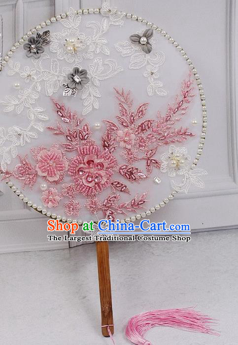 China Wedding Silk Fan Traditional Bride Lace Circular Fan Handmade Pink Beads Flowers Palace Fan