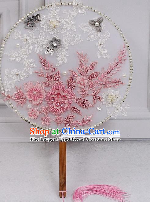 China Wedding Silk Fan Traditional Bride Lace Circular Fan Handmade Pink Beads Flowers Palace Fan