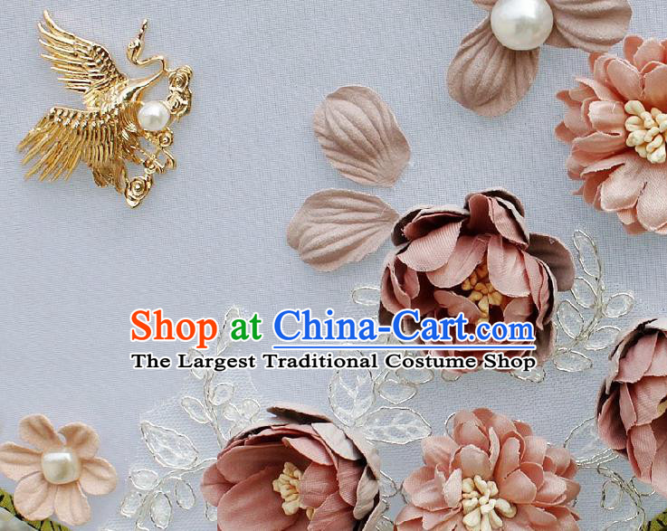 China Traditional Wedding Silk Fan Bride Circular Fan Handmade Pink Roses Palace Fan
