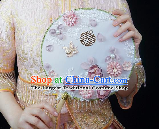 China Traditional Wedding Silk Fan Bride Circular Fan Handmade Pink Roses Palace Fan