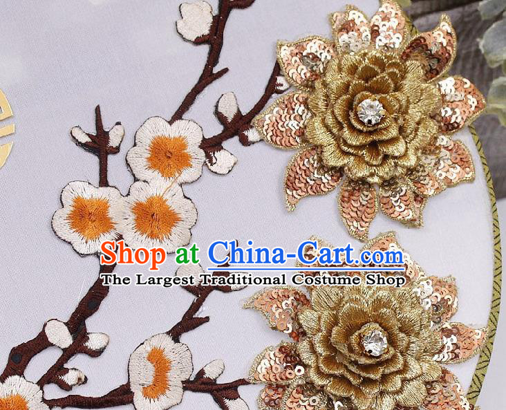 China Traditional Xiuhe Suit Golden Peony Silk Fan Wedding Bride Palace Fan Handmade Embroidered Plum Circular Fan