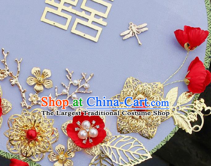 China Traditional Wedding Xiuhe Suit Silk Fan Handmade Palace Fan Bride Golden Plum Circular Fan