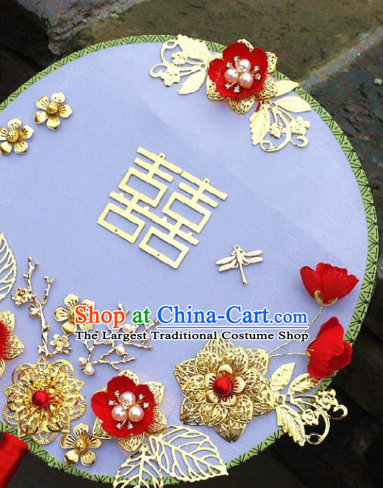 China Traditional Wedding Xiuhe Suit Silk Fan Handmade Palace Fan Bride Golden Plum Circular Fan