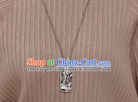 Handmade China Classical Cheongsam Silver Necklace Jewelry Carving Lotus Pendant Accessories