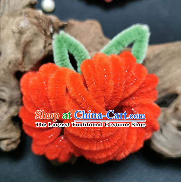 China Traditional Ancient Princess Flower Hairpin Handmade Red Velvet Chrysanthemum Hair Stick