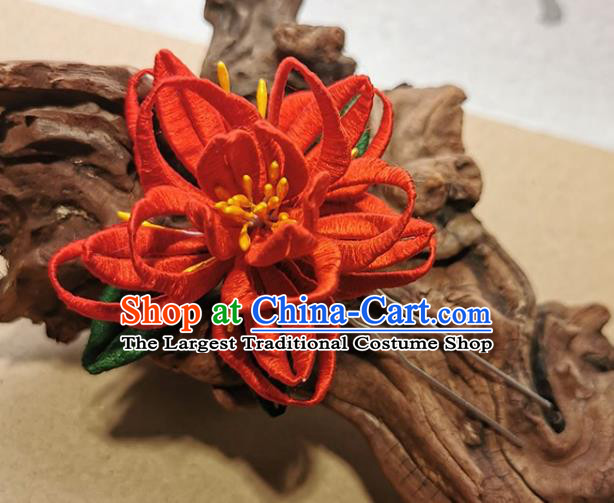 China Handmade Red Silk Epiphyllum Hair Stick Traditional Hanfu Flower Hairpin