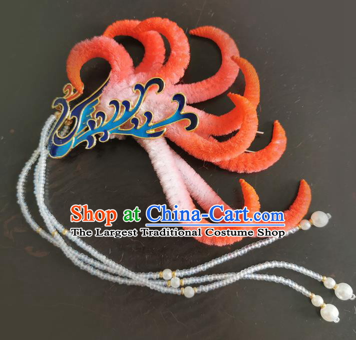 China Handmade Beads Tassel Hair Stick Traditional Ancient Ming Dynasty Empress Red Velvet Phoenix Hairpin