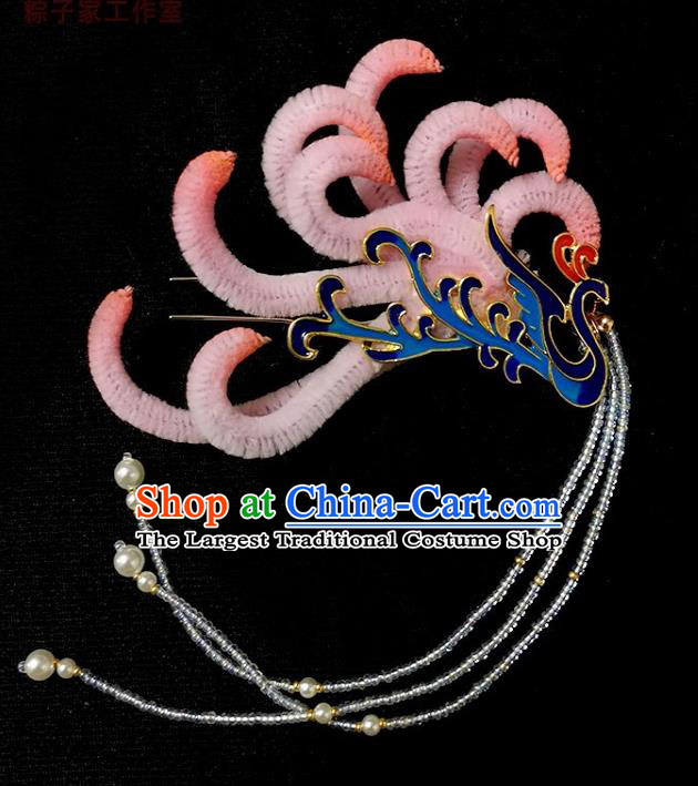 China Handmade Beads Tassel Phoenix Hair Stick Traditional Ancient Ming Dynasty Empress Pink Velvet Hairpin