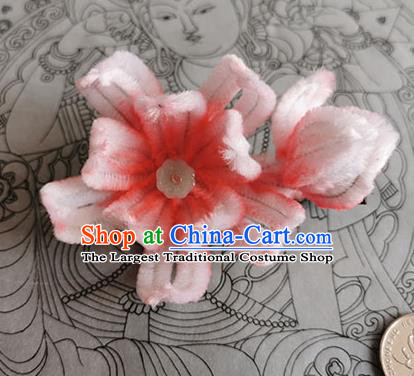 China Handmade Beijing Opera Lotus Hair Stick Traditional Ancient Ming Dynasty Pink Velvet Flowers Hairpin