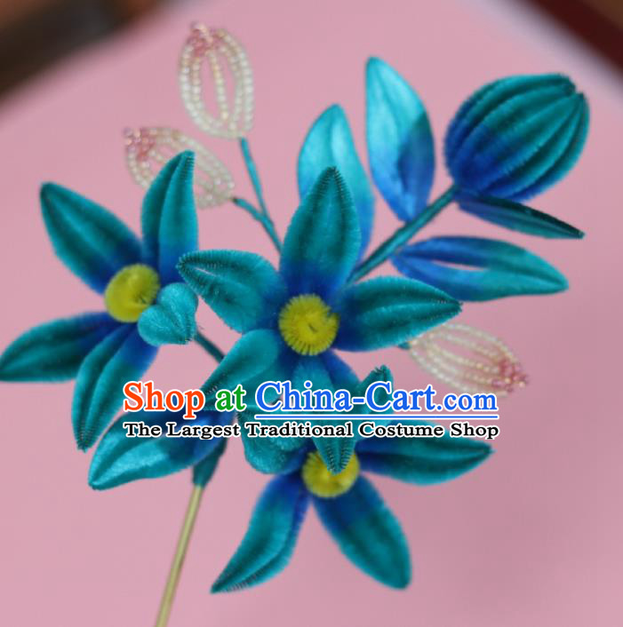 China Handmade Beads Leaf Hair Stick Traditional Ancient Qing Dynasty Court Woman Blue Velvet Flower Hairpin