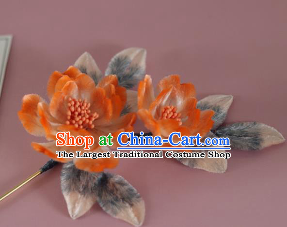 China Handmade Hanfu Hair Stick Traditional Ancient Qing Dynasty Court Woman Orange Velvet Peony Hairpin