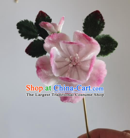 China Traditional Handmade Pink Velvet Peach Blossom Hairpin Ancient Princess Hair Stick