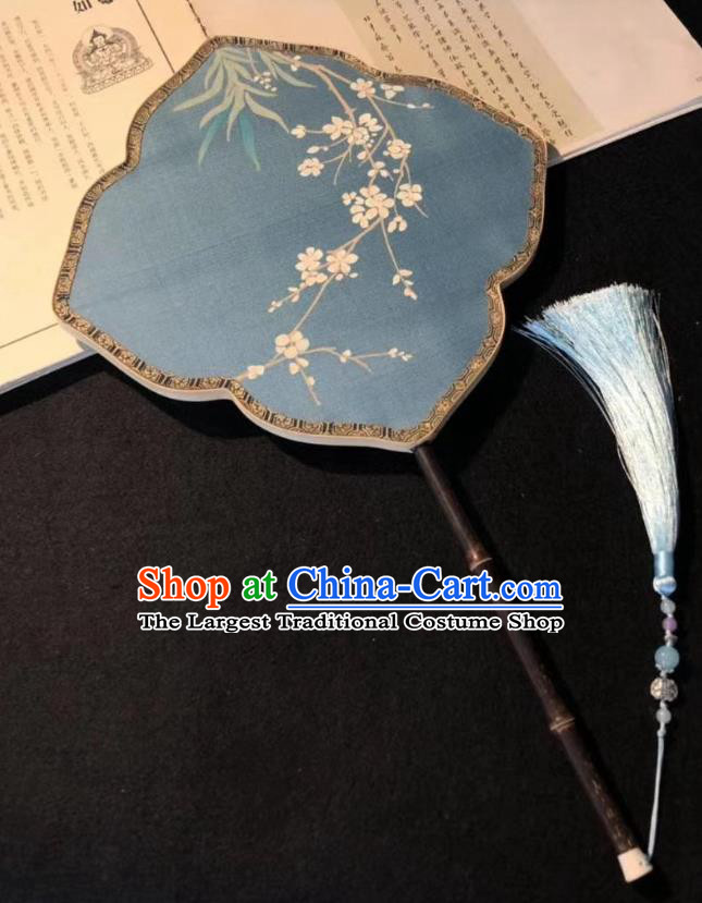 China Traditional Blue Silk Palace Fan Hand Painting Plum Blossom Fan