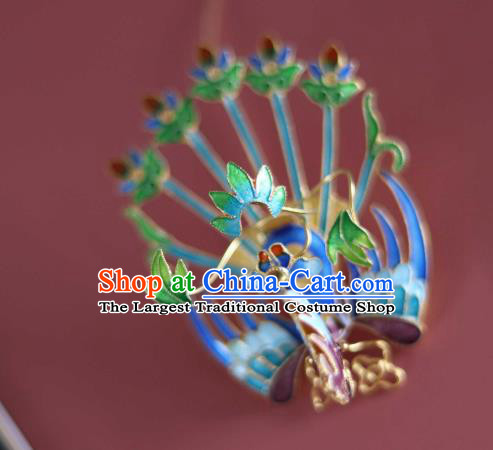 Handmade China Ancient Court Lady Blueing Phoenix Hairpin Traditional Qing Dynasty Hair Accessories Hair Crown
