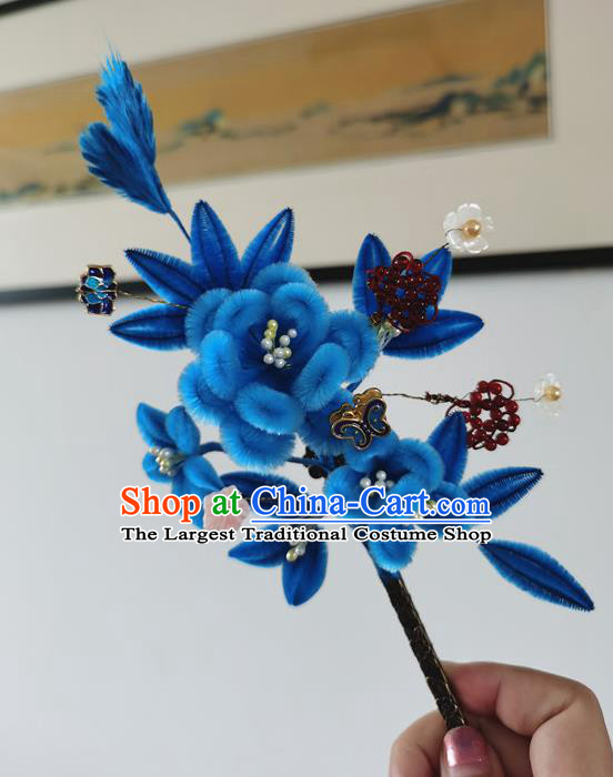 China Ancient Palace Lady Blue Velvet Plum Hairpin Traditional Hanfu Hair Accessories Handmade Garnet Beads Hair Stick
