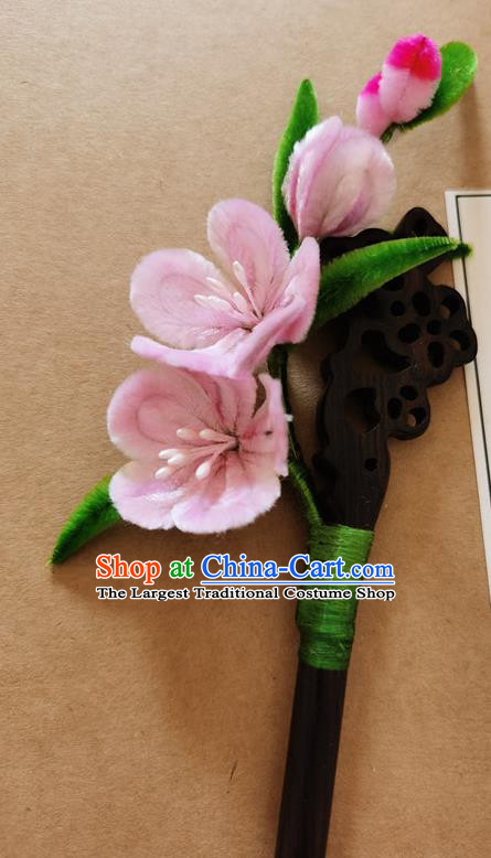 China Classical Hanfu Pink Velvet Peach Blossom Hair Stick Traditional Ancient Court Lady Ebony Flowers Hairpin