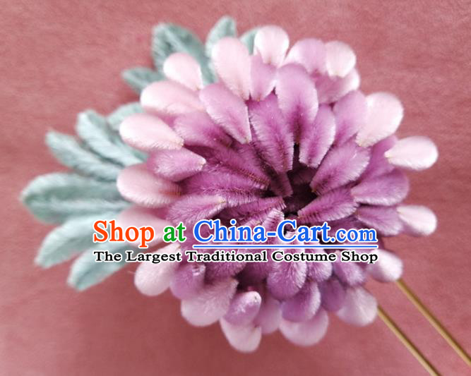 China Traditional Ancient Palace Lady Lilac Velvet Chrysanthemum Hair Stick Classical Hanfu Flowers Hairpin