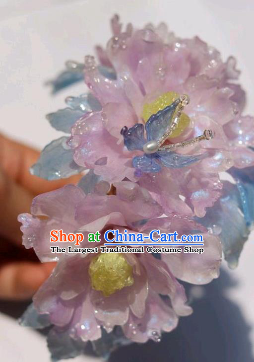 China Classical Hanfu Hairpin Traditional Ancient Princess Pink Peony Hair Crown