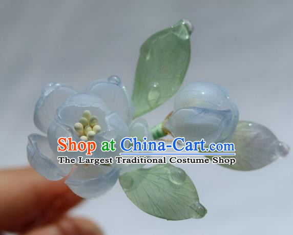 China Classical Hanfu Flowers Hairpin Traditional Ancient Ming Dynasty Princess Blue Camellia Hair Stick