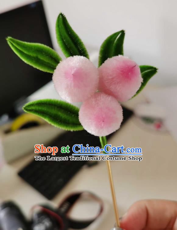 China Traditional Pink Peach Hairpin Classical Cheongsam Velvet Hair Stick Handmade Hair Accessories