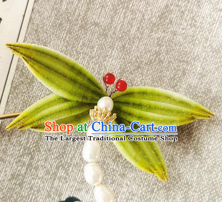 Handmade China Ancient Palace Pearls Hairpin Traditional Hanfu Hair Accessories Green Velvet Dragonfly Hair Stick