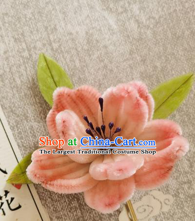 China Traditional Cheongsam Peach Blossom Hairpin Handmade Hair Accessories Classical Pink Velvet Hair Stick