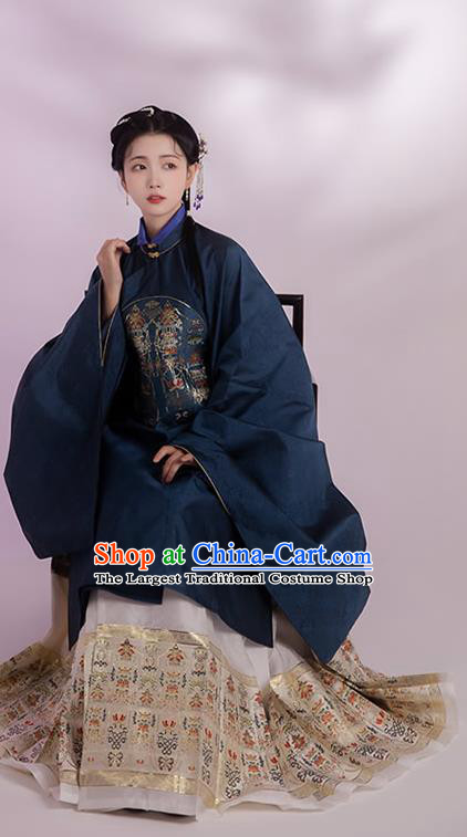 China Ming Dynasty Noble Woman Historical Clothing Ancient Patrician Female Navy Gown and Skirt Full Set