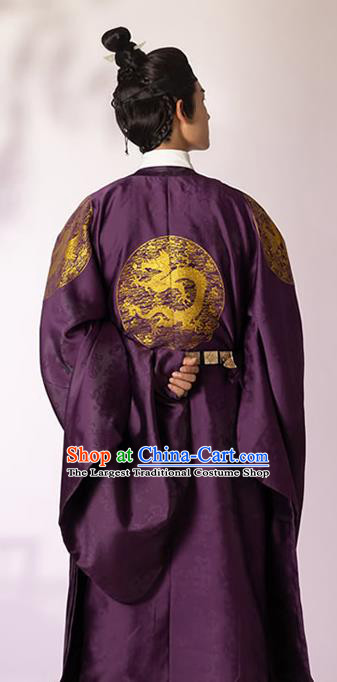 China Ming Dynasty Emperor Historical Clothing Ancient Royal Monarch Purple Imperial Robe for Men