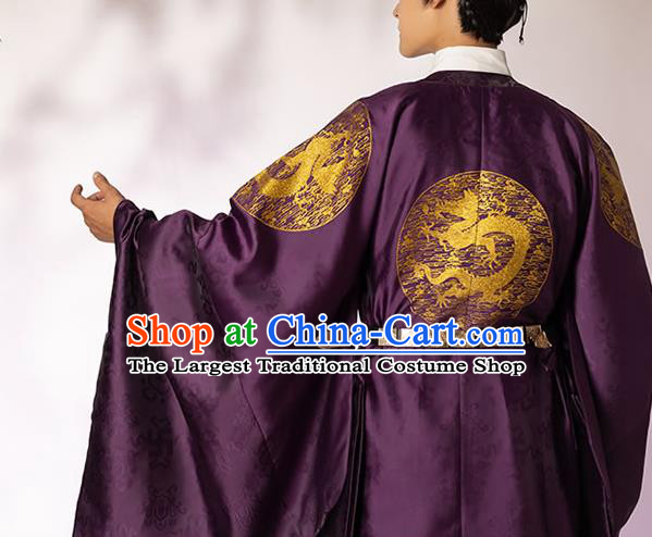 China Ming Dynasty Emperor Historical Clothing Ancient Royal Monarch Purple Imperial Robe for Men