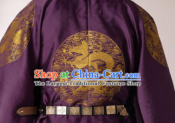 China Ming Dynasty Emperor Historical Clothing Ancient Royal Monarch Purple Imperial Robe for Men