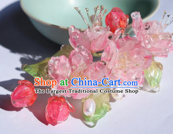 China Traditional Ancient Ming Dynasty Princess Pink Begonia Hair Stick Classical Hanfu Pearls Hairpin
