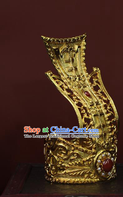 China Ancient Emperor Pearls Hair Accessories Traditional Han Dynasty King Golden Hairdo Crown and Hairpin