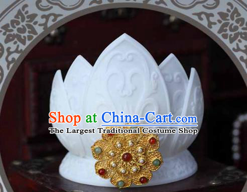 China Ancient Imperial Consort White Lotus Crown Traditional Song Dynasty Pearls Hair Accessories