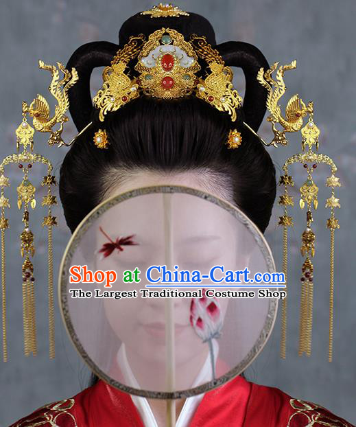China Ancient Bride Golden Phoenix Hairpins and Hair Crown Traditional Ming Dynasty Wedding Hair Accessories Full Set