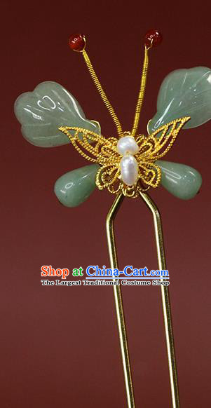 China Ancient Palace Lady Aventurine Butterfly Hairpin Traditional Ming Dynasty Princess Pearl Hair Stick