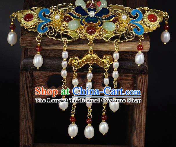 China Ancient Empress Pearls Tassel Hairpin Traditional Qing Dynasty Court Blueing Peony Hair Crown