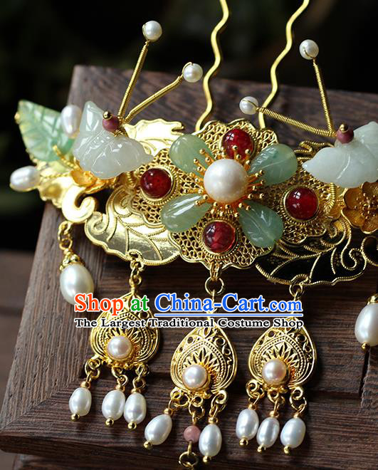 China Ancient Empress Golden Hairpin Traditional Qing Dynasty Court Jade Butterfly Hair Crown