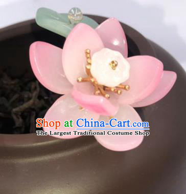 China Ming Dynasty Pink Lotus Hairpin Traditional Hanfu Hair Accessories Ancient Princess Jade Leaf Hair Stick