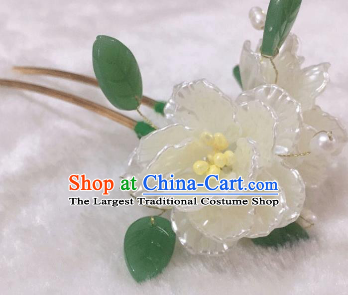 China Ming Dynasty Shell Hairpin Traditional Hanfu Hair Accessories Ancient Princess White Camellia Hair Stick