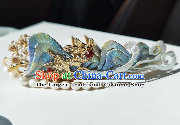 China Ming Dynasty Blue Silk Hairpin Traditional Hanfu Hair Accessories Ancient Princess Pearls Hair Crown