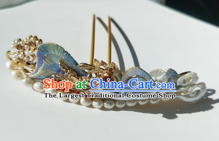 China Ming Dynasty Blue Silk Hairpin Traditional Hanfu Hair Accessories Ancient Princess Pearls Hair Crown