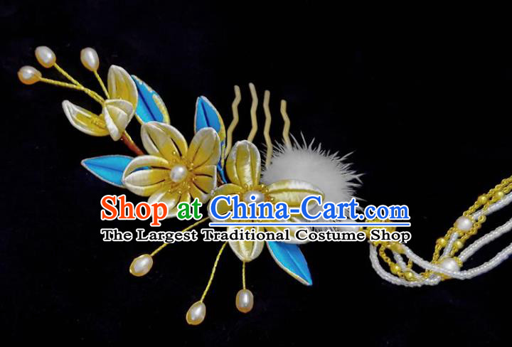 China Ming Dynasty Pearls Tassel Hairpin Traditional Hanfu Hair Accessories Ancient Princess Yellow Silk Flowers Hair Stick