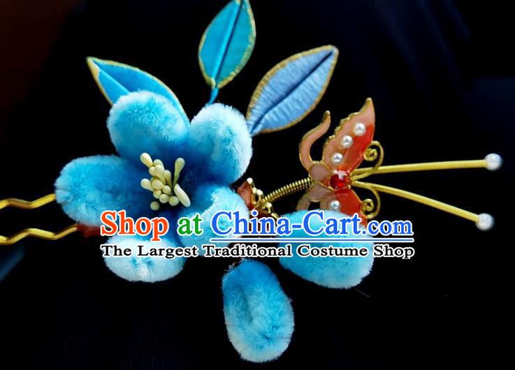 China Ming Dynasty Blue Velvet Plum Hairpin Traditional Hanfu Hair Accessories Ancient Princess Butterfly Hair Stick