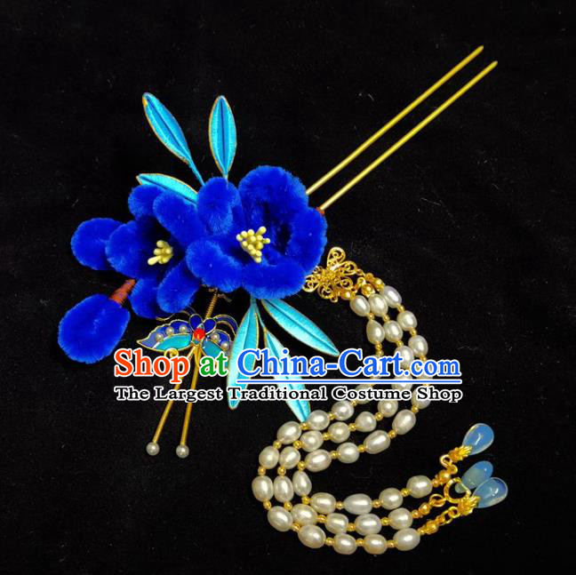 China Ming Dynasty Pearls Tassel Hairpin Traditional Hanfu Hair Accessories Ancient Princess Blue Velvet Plum Hair Stick