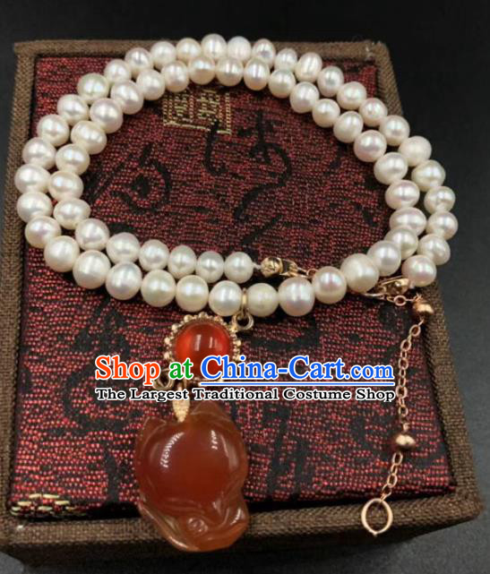 Chinese Traditional Agate Fox Necklace Classical Cheongsam Pearls Accessories
