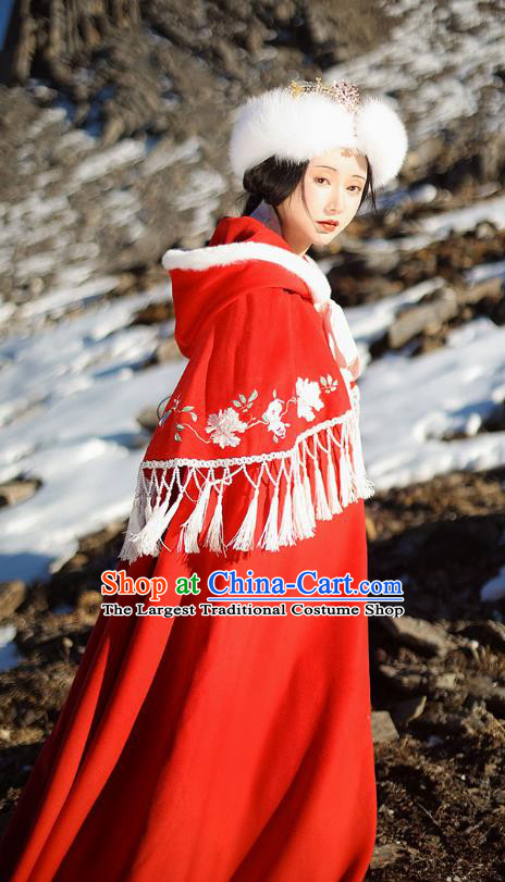 China Traditional Hanfu Red Wool Cloak Ancient Ming Dynasty Imperial Consort Historical Clothing