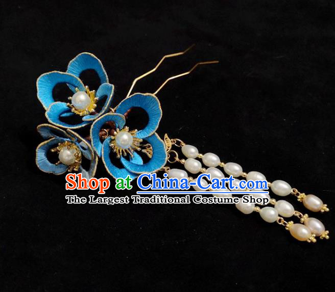 China Ming Dynasty Pearls Tassel Hairpin Traditional Hanfu Hair Accessories Ancient Princess Blue Silk Flower Hair Stick