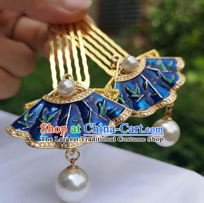 China Ancient Princess Hairpin Traditional Hanfu Hair Accessories Ming Dynasty Blueing Hair Combs