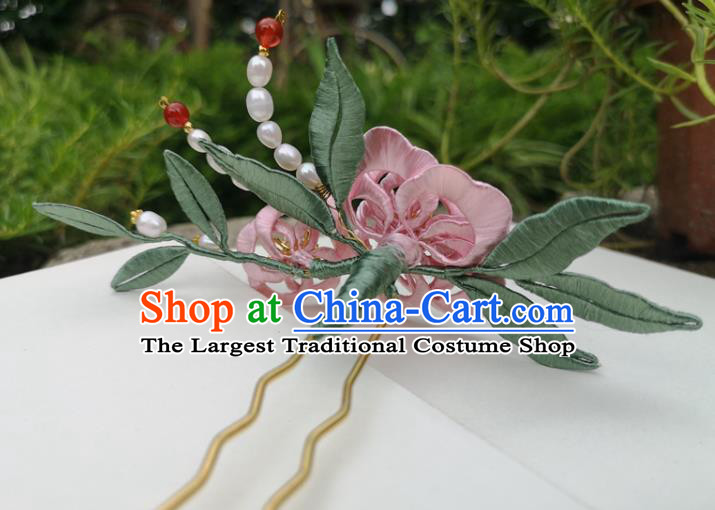 China Ancient Princess Pink Silk Peony Hairpin Traditional Hanfu Hair Accessories Ming Dynasty Pearls Hair Stick