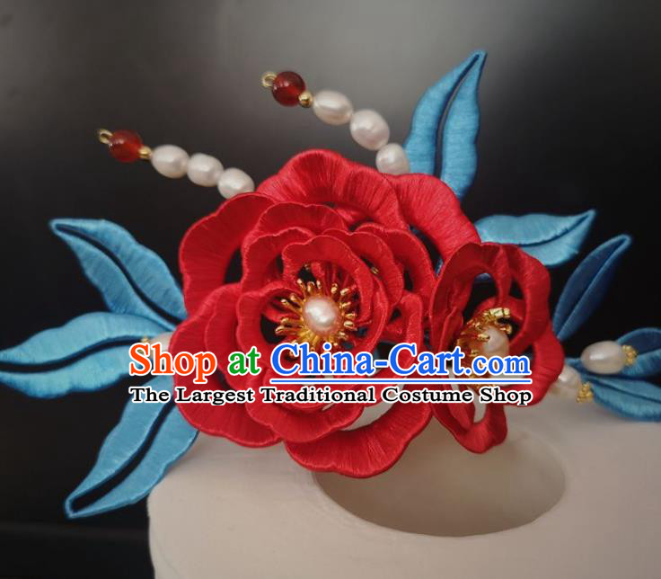 China Ming Dynasty Pearls Hair Stick Ancient Princess Red Silk Peony Hairpin Traditional Hanfu Hair Accessories